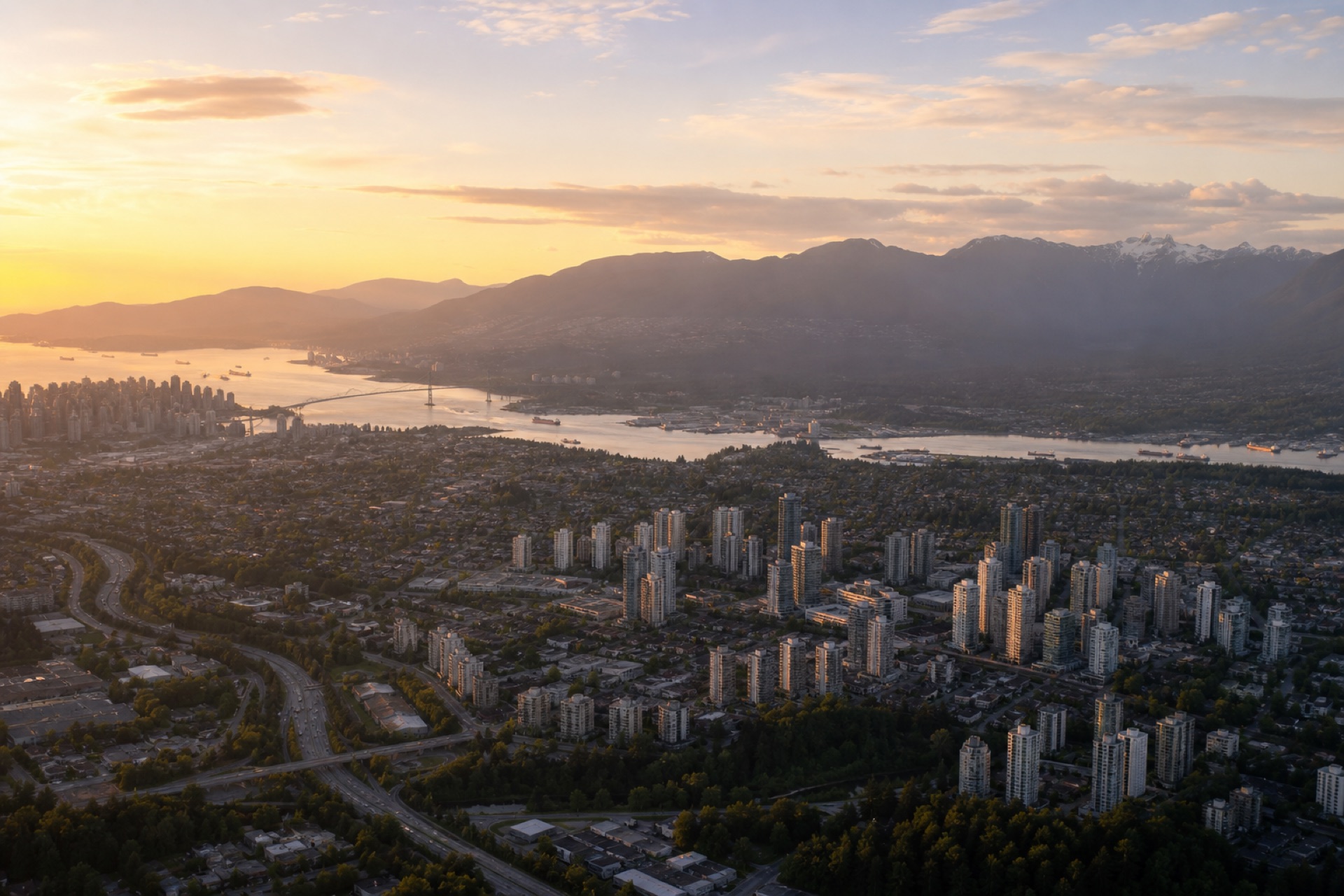 Aerial view of the Greater Vancouver region at golden hour