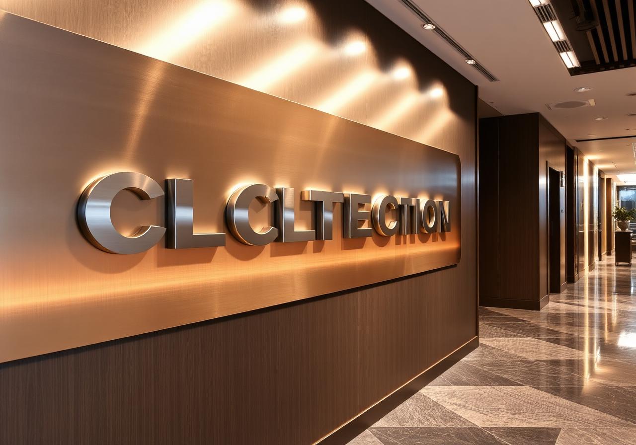 Brushed metal lobby logo